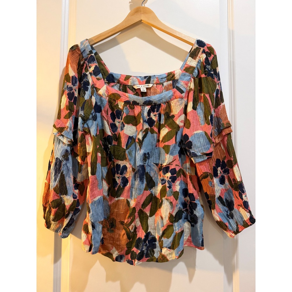 Zac & Rachel Floral Square Neck Blouse Large Multi Color Crinkle Ruffle Sleeve